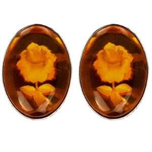  Baltic Dark Honey Amber Sterling Silver Rose Oval Clip on 