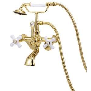 Wall Mount Adjustable Tub Faucet with Hand Shower and Porcelain Cross 