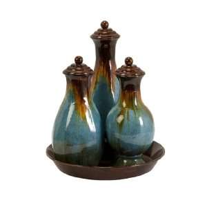  4 Piece Blaze Blue Drip Lidded Decorative Bottles in Tray 