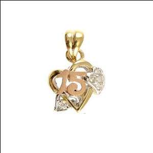 14k Tricolor Gold, 15 Anos Heart Quinceanera Pendant Charm Lab Created 