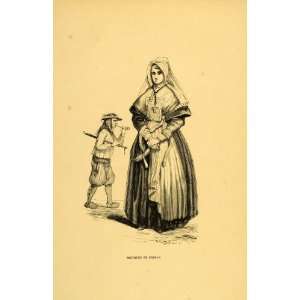  1844 Engraving Costume Breton Woman Brittany France 