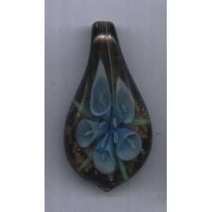 Murano Glass Lampwork Pendant  Blue 3D Flower Leaf Design (5cmx3cm)