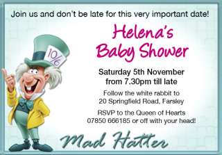BABY SHOWER Mad Hatter Tea Party Personalised Invites x 12  