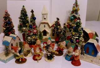h88) 15 Vintage Miniature Putz Cardboard Christmas Houses 2 Church 