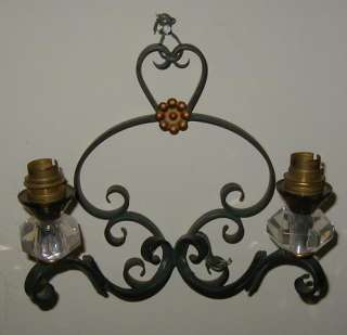 Pair Antique French Art Deco Wrought Iron & Crystal Wall Light Sconce 