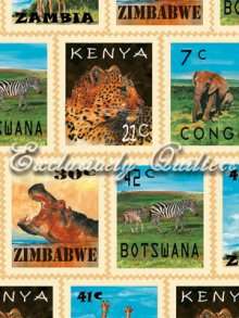 The African Postal Stamps quilt fabric features African wildlife on 