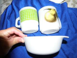Fire King 2 Rare Coffee Mugs Pear +Green Plaid & Chili Cup Bowl Saucer 
