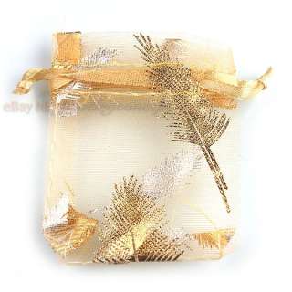 50x 120402 Wholesale Golden Leaf Wedding Favor Organza Gift Bag Free P 
