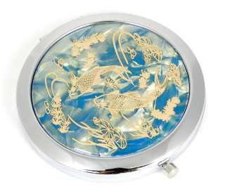 STAINLESS STEEL BLUE GOLDFISH COMPACT MIRROR Marble Style Make Up Gift 