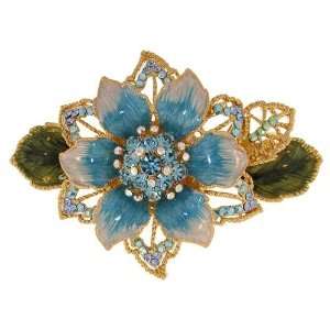   And Rhinestone Flower And Leaves Barrette In Blue with Gold Finish