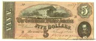 CIVIL WAR CONFEDERATE STATES OF AMERICA $5 1864 CRISP  
