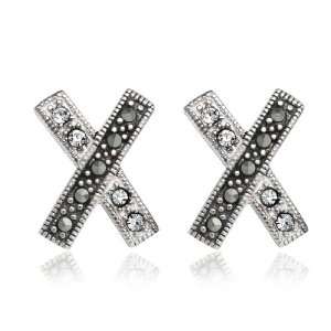  Sterling Silver Marcasite and Crystal X Post Earrings Jewelry