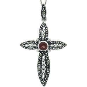   Rocks Sterling Silver Garnet and Marcasite Cross Necklace Jewelry