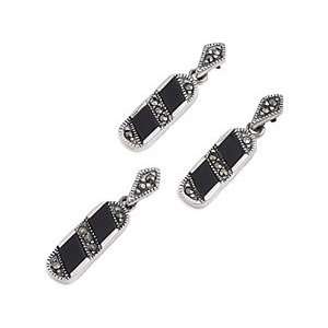   Silver Marcasite Pendant and Earring Set with Black Onyx Jewelry