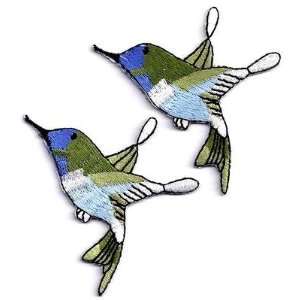 Hummingbird, Blue, Green & White, Lg (2)   Iron On Embroidered 