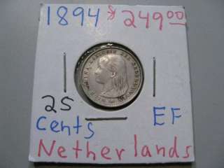 Ultra Rare 1894 Silver 25 Cent. Netherlands. Wilhelmina. High Grade 
