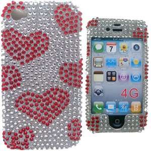  iPhone 4 Rhinestone Diamond RED HEARTS Hard Shell 