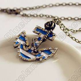 Vintage Marine Era Retro Rose Anchor Diamante Necklace Pendant 5718 