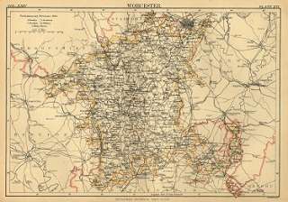 Original 1888 Shire Map WORCESTER England Birmingham Stourbridge 