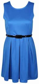 WOMENS PLEATED STRETCH FLARE BELTED LADIES SLEEVELESS SKATER SUMMER 