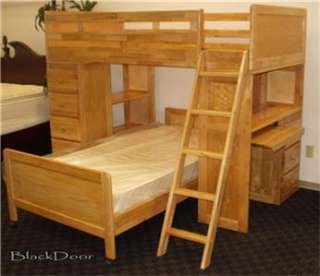 Natural Wood Twin Bunk Bed Loft w/Dresser, Shelf & Desk  