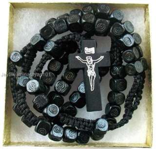 Black Wood Rosary Necklace Cube Beaded Wooden Cross 27 Gift Boxed 