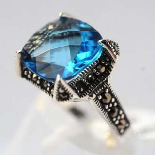 Marcasite and Blue Topaz .925 Sterling Silver Ring sz 6  