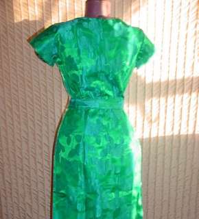 Vintage 1950s Green Blue Brocade Cocktail Dress w Belt sz Small 