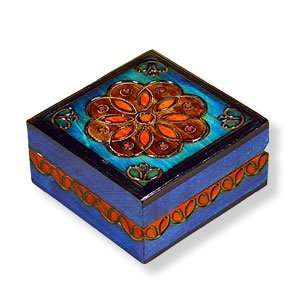   Handcrafted Keepsake Box, Turquoise with Flower Design, 3.25x3.25