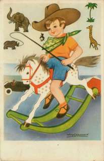 Willy Schermele Artist Signed 1940s Boy Rocking Horse Cowboy Vintage 
