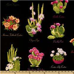 Michael Miller BLOOMING SOUTHWEST CACTUS ON BLACK cacti fabric Fat 