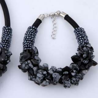 Adjustable Leather Chain Black Chip Tumbled Strand Necklace Bracelet 