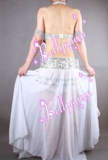 Belly Dance Costume 3Pics Bra&Belt Skirt Silver/White  