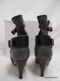 Chloe Gray Leather Brown Cross Strap Cuffed Ankle Boots 36.5  