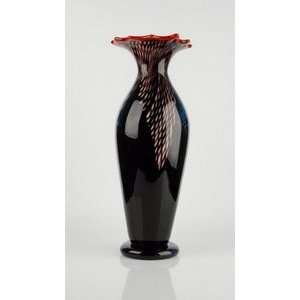   Glass Red, White & Black Weaving Pattern Design Vase w/ Red Opening