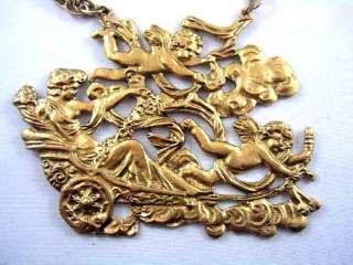 MASSIVE Vtg Gold P Signed ART Cherub Goddess Necklace  
