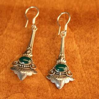 Bali 925 Silver Sterling Green Agate Dangle Earring L50  