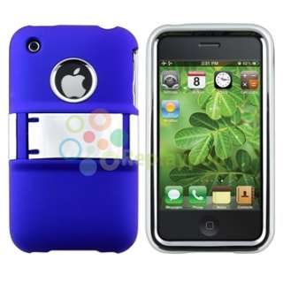 Blue Rubber HARD CASE W/CHROME STAND+Privacy Screen Protector For 