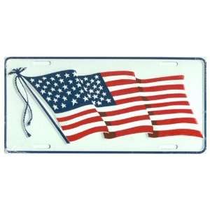  Waving American Flag White Embossed Metal License Plate 