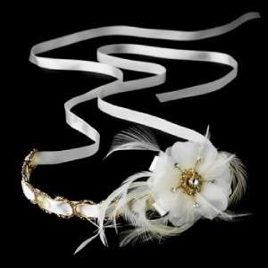 Feather Accented Bridal Ribbon Headband Headpiece  