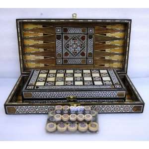  SET OF TWO MOSAIC WOOD BACKGAMMON CHESS BOARD GAME