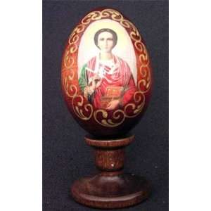 Russian Icon Faberge Style Wooden Egg with Stand Virgin Mary Madonna 