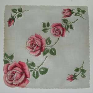  Vintage Red Embroidery Roses Ladies Handkerchief 