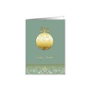 Feliz natal, Merry christmas in Portuguese, gold ornament, green Card