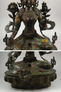 Old Tibetan Purple Bronze Cloisonné Green Tara Statue  