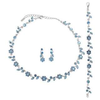  Silver Tone Blue Crystal Accent 3 Piece Necklace Earrings 