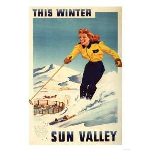 Sun Valley, Idaho   Red headed Woman Smiling and Skiing Poster Premium 