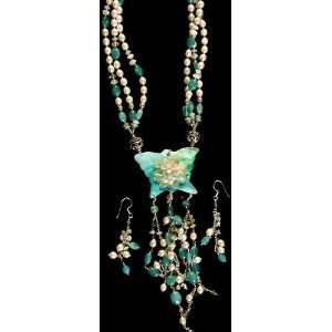  Pearl and Apatite Beaded Necklace with MOP Charms and Earrings 