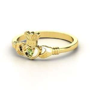  Delicate Claddagh Ring, 14K Yellow Gold Ring with Green 