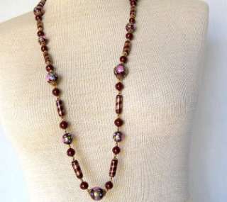 Vintage Venetian Glass Necklace Burgundy Wine Red Lampwork Beads Pink 